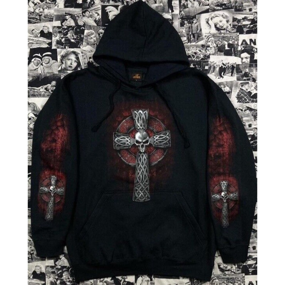 Hot leathers Cyber Grunge y2k Gothic Skull and Cross Hoodie Large Black Red
